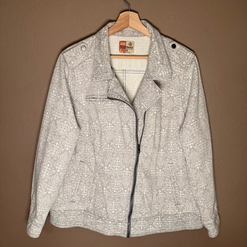 Ruff Hewn Gray & White Cotton Denim Moto Jacket Women's Plus Size 2X Streetwear - Picture 1 of 15
